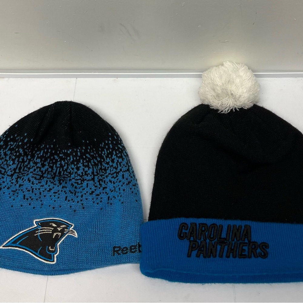 NFL Carolina Panthers Beanie Hat Lot of 2 Winter Knit Caps Blue/Black Football